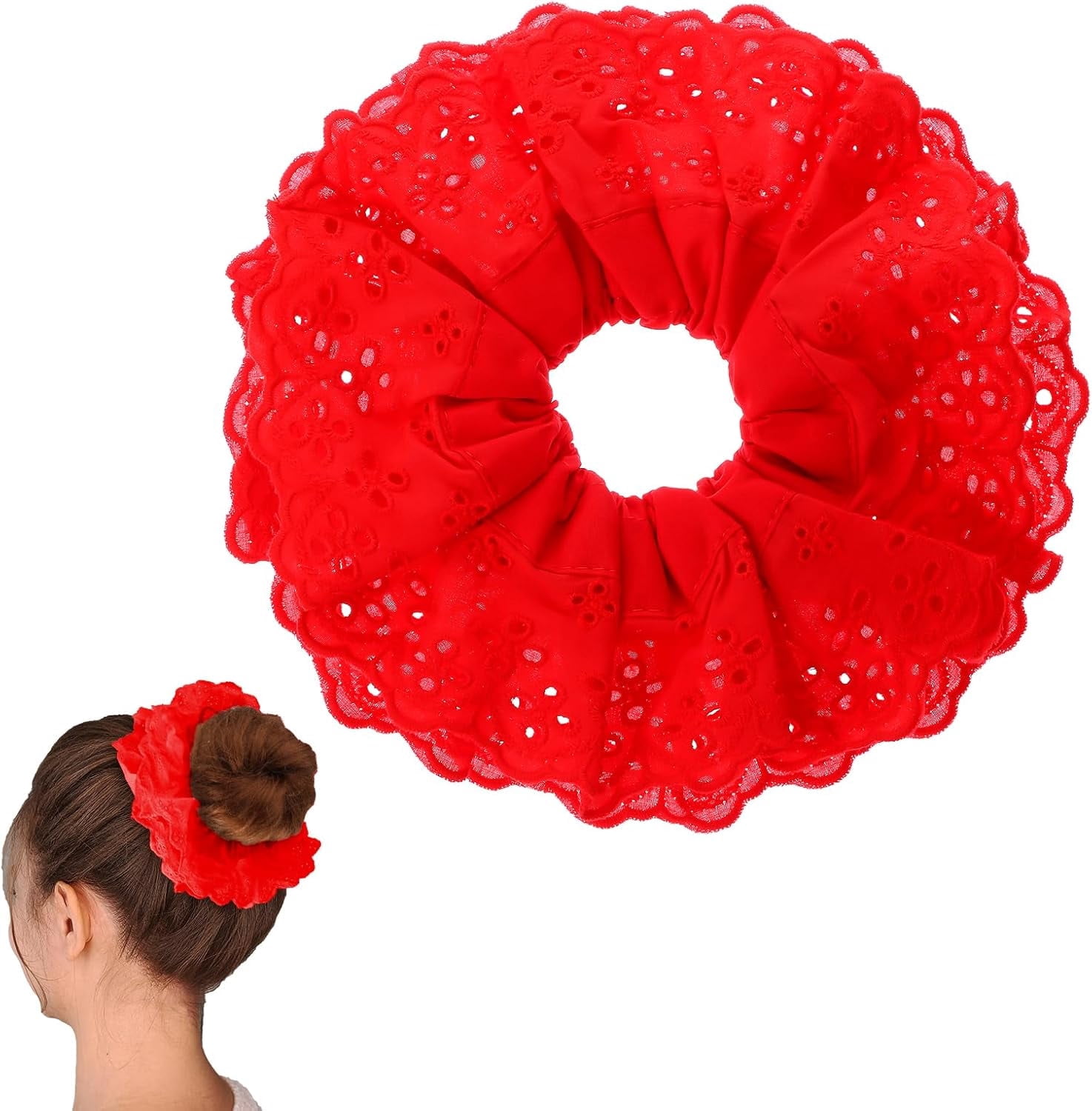 1 Pack Red Lace Scrunchies For Women Elegant Hair Ties Soft Hair Bands With Lace Detailing Hair Scrunchies Ponytail Holder Accessories With Extra Volume Stylish Updos (Red)