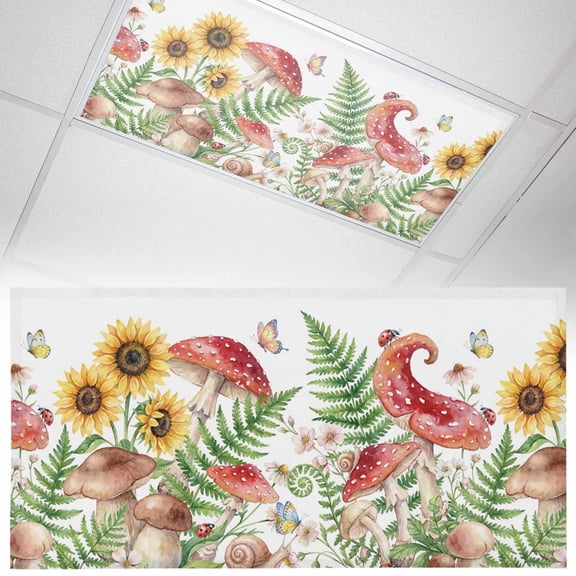 1 Pack Red Mushroom Fluorescent Light Covers for Ceiling Lights Sunflower Green Fern Butterfly Ladybug Botanical Magnetic Ceiling Light Covers Overhead Light Filters for Office Classroom Home