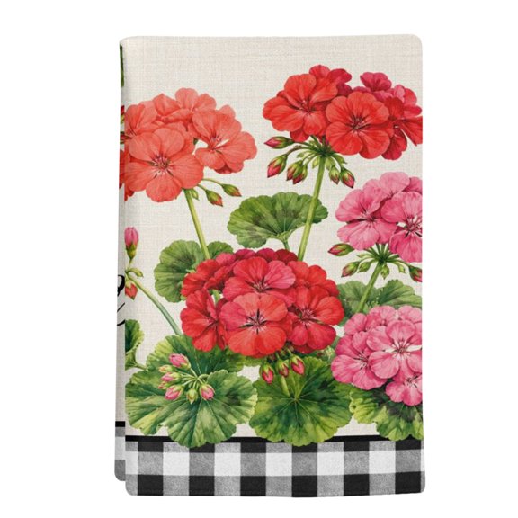 1 Pack Red Red Geranium Floral Kitchen Towels Botanical Pink Flower Black Plaid Border Decorative Dish Towel Sets Absorbent Quick Dry Hand Cloths Tea Towels for Cooking Baking Farmhouse Gifts 18x28in