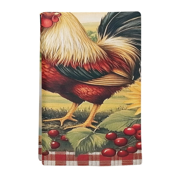 1 Pack Red Rooster Flowers Egg Kitchen Towels Vintage Style Farm Rooster Red Plaid Decorative Dish Towel Sets Absorbent Quick Dry Hand Cloths Tea Towels for Cooking Baking Farmhouse Gifts 18x28in