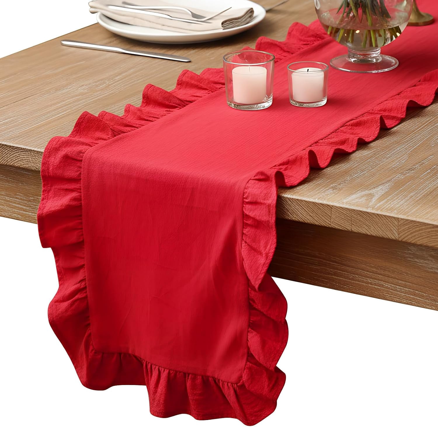 Rustic Modern Table Runner 1 Pack Red Ruffled Table Runner 118 Inches Long Scalloped Rustic Cotton ...