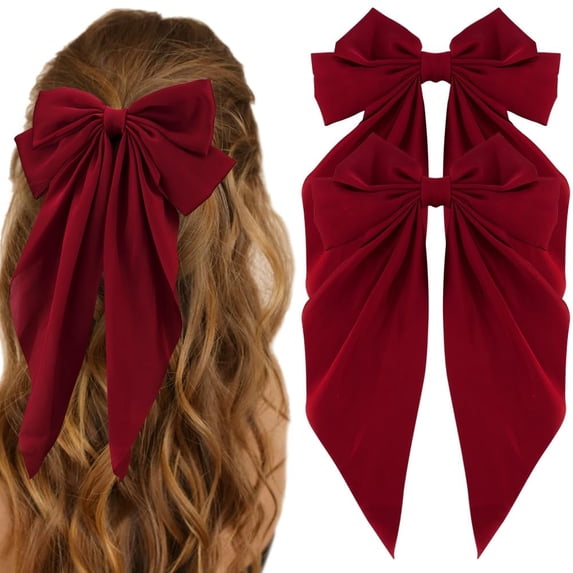 1 Pack Red Silky Satin Hair Bows,Big Hair Bows for Women Hair Ribbons Oversized Long Tail Hair Bow Black Hair Bow Large Hair Ribbon Barrettes Metal Clips Bowknot Aesthetic Hair Accessories