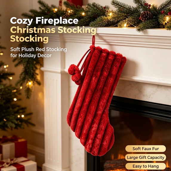1 Pack Red Striped Plush Christmas Stocking, Faux Fur Cuff Large Capacity Xmas Hanging Stocking, Washable Reusable Festive Gift Pouch for Fireplace & Christmas Tree Holiday Decoration