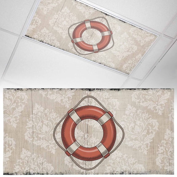 1 Pack Red Vintage Swimming Ring Fluorescent Light Covers for Ceiling Lights Nautical Ocean Wood Texture Magnetic Ceiling Light Covers Overhead Light Filters for Office Classroom Home