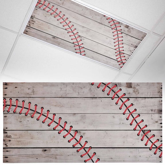 1 Pack Retro American Baseball Fluorescent Light Covers for Ceiling Lights Sport Vintage Wood Grain Magnetic Ceiling Light Covers Overhead Light Filters for Office Classroom Home
