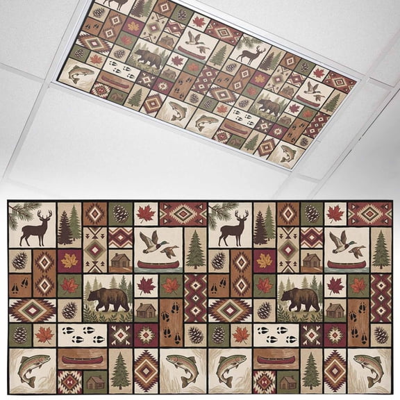 1 Pack Retro Brown Patchwork Fluorescent Light Covers for Ceiling Lights Deer Pine Tree Bird Boat Ethnic Magnetic Ceiling Light Covers Overhead Light Filters for Office Classroom Home