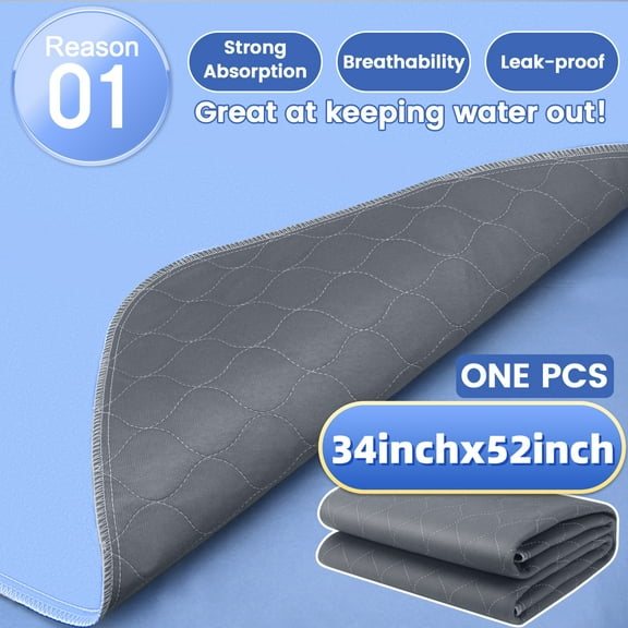 1-Pack Reusable Incontinence Bed Pads -  34"x52" Waterproof Underpads for Kids, Adults & Pets - Super Absorbent, Washable Protective Pads for Bed, Sofa & Floor