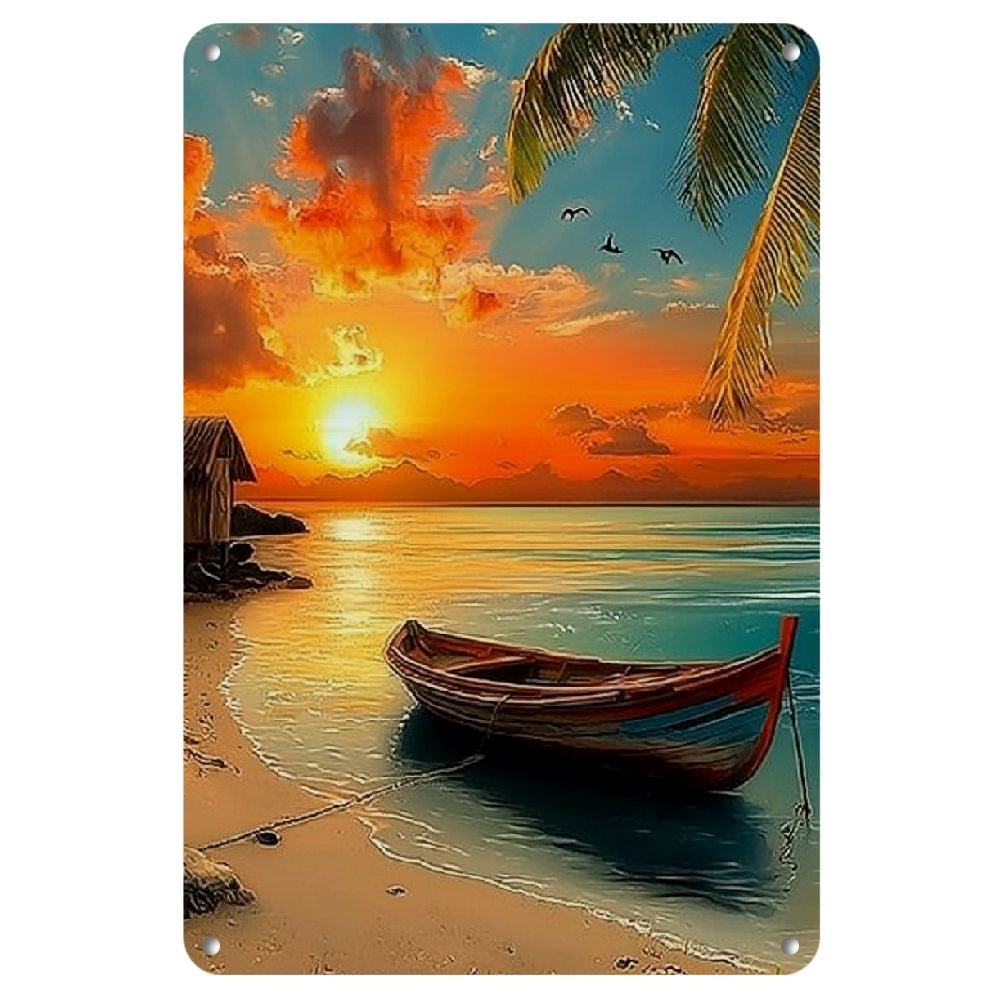 1-Pack Reusable Iron Beach Sunset Tin Sign with Palm Trees - Vintage ...