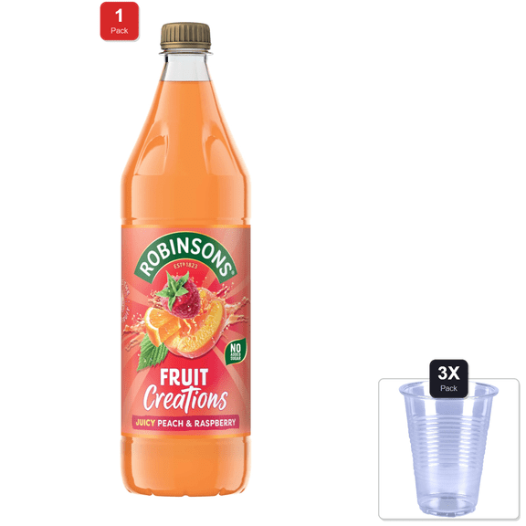 1 Pack | Robinsons Fruit Creations, Real Fruit Squash, Low Calorie, Delicious Peach And Raspberry, 1 Litre (Pack Of 3) & 3x Disposable Cup
