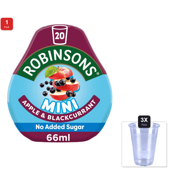 1 Pack | Robinsons Mini Apple & Blackcurrant On-The-Go Squash 66Ml (Pack Of 2) & 3x Disposable Cup