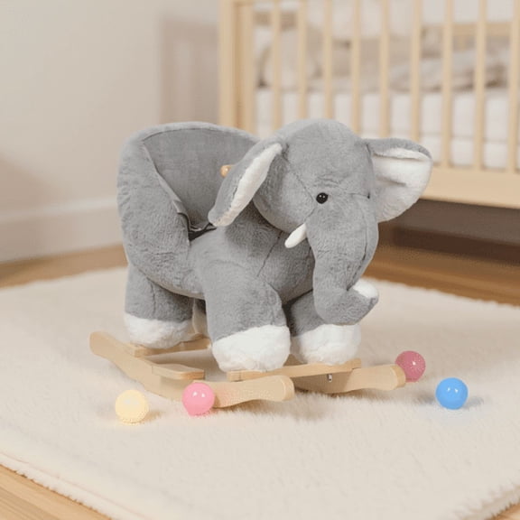 1-Pack Rocking Horse Elephant Shape with Lullaby Music Hand Puppet and Safety Belt for Ages 1-3, Gray Plush
