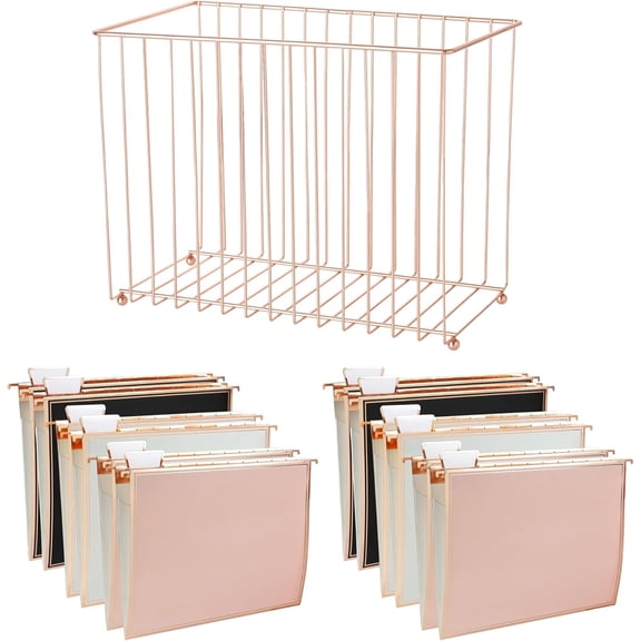 1 Pack Rose Gold Desktop Hanging File Organizer | 12 Pack Rose Gold Pocket Hanging File Folders with Tabs & Insert | Letter Size Metal File Kit for Desk Home Office, I Shaped