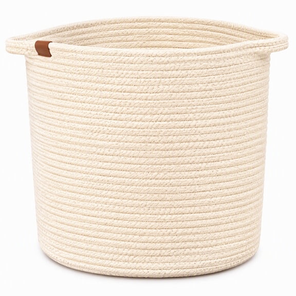 Round Cotton Rope Storage Basket, Cream White Woven Laundry Hamper with Handle, Decorative Organizer Bin for Dirty Clothes, Plants & Sundries, 13.8 13.8 inch