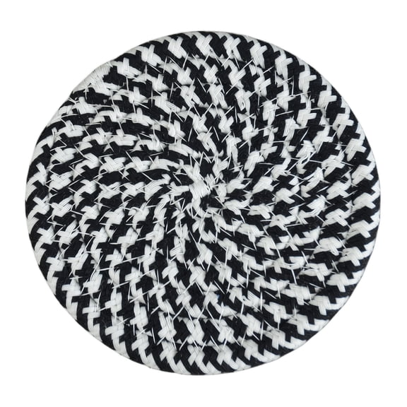 1 Pack Round Woven Coaster – Non-Slip Linen Cotton Cup Mat with Black & White Spiral Pattern, Easy-Clean & Heat-Resistant Table Protector for Coffee, Tea, Home, Office, or Desk Decor