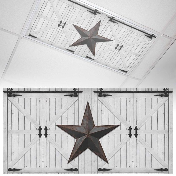 1 Pack Rustic Barn Door Fluorescent Light Covers for Ceiling Lights Vintage Rust Red Star Beige Wood Board Magnetic Ceiling Light Covers Overhead Light Filters for Office Classroom Home
