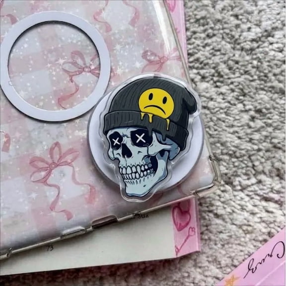 1 Pack Sad Crying Skull Emoji Magnetic Phone Grip, Funny Melting Tear Skeleton Phone Grip, Moody Cute Crying Face Phone Stand, Y2K Vaporwave Cyberpunk Accessory, Sarcastic Gift for Alt Style Fans