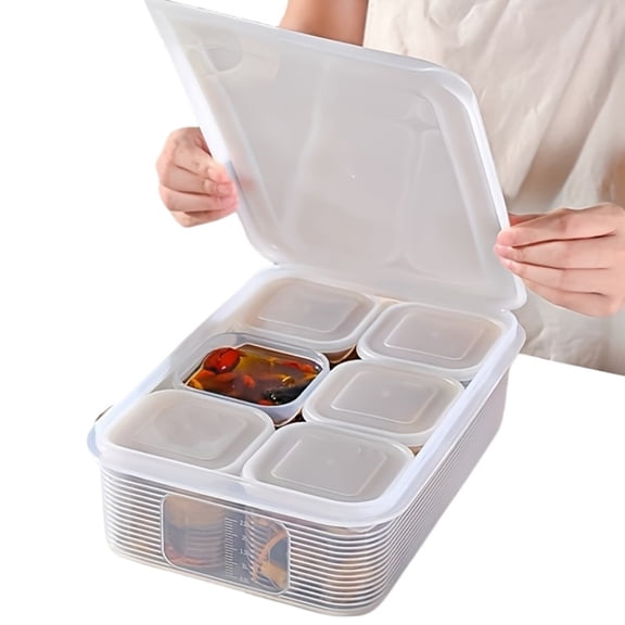 1 Pack Salad Bar Container for Fridge, Plastic Food Storage Organizer with Lid, Stackable Refrigerator Bins with 6 Individual Removal Boxes, Reusable Meal Prep Container for Fruit, Vegetable