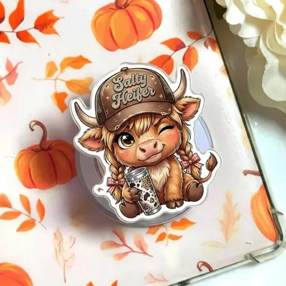 1 Pack Salty Heifer Funny Highland Cow Phone Grip Magnetic, Highland Cow With Coffee Cup Grip, Cartoon Cow Grip Holder, Cartoon Phone Grip, Gift for Her