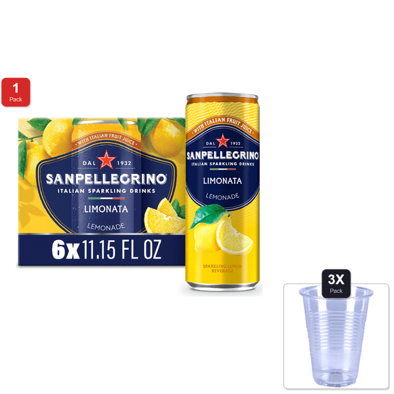 1 Pack | San Pellegrino Italian Sparkling Drink Limonata, Sparkling Lemon Beverage, 6 Pack Of Cans & 3x Disposable Cup