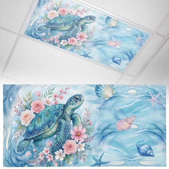 1 Pack Sea Turtles Fluorescent Light Covers for Ceiling Lights Pink Flower Shell Starfish Ocean Life Watercolor Magnetic Ceiling Light Covers Overhead Light Filters for Office Classroom Home
