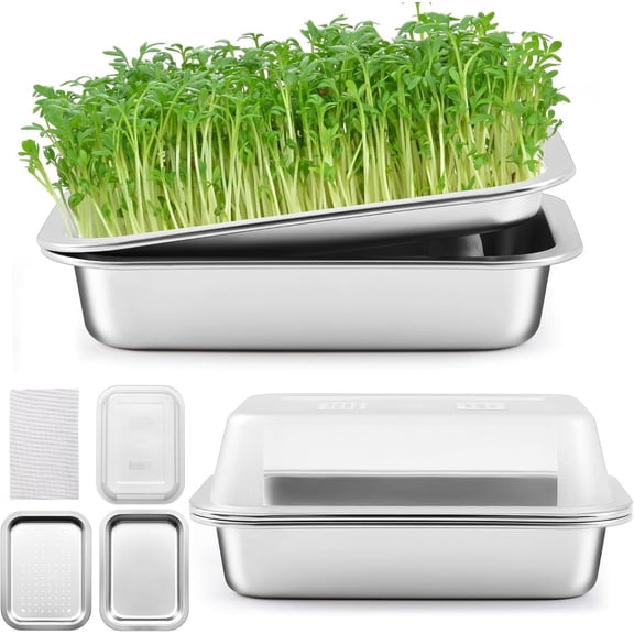 1 Pack Seed Sprouting Kit with Lid, 10.4 Inch Stainless Steel Soilless Culture Germination Tray, Microgreens Growing Kit, Encrypted Mesh Starter Tray for Beans Alfalfa Broccoli Wheat Grass