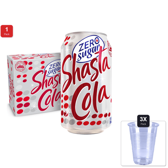 1 Pack | Shasta Zero Sugar Cola | 12-Pack Of 12Oz Cans | Bold Cola Taste | Sugar-Free | Zero Calories | Caffeinated & 3x 9oz Disposable Plastic Cups