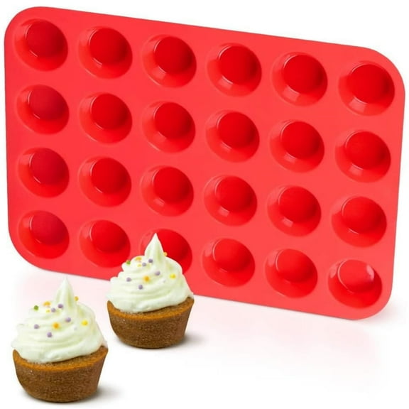 1 Pack Silicone Muffin Mold,HXRH 24 Cups Cupcake Pans,Red Round Egg Bite Molds,Small Kitchen Baking Tool,for Mini Cake Chocolate Cookies Bread Tart Making,Dishwasher Safe