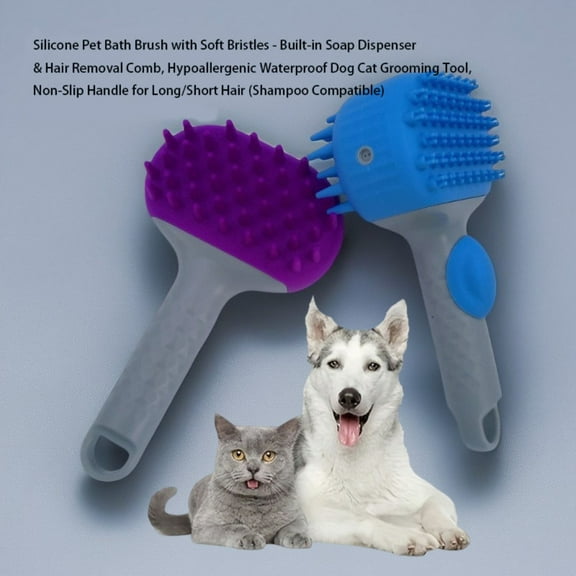 1-Pack Silicone Pet Bath Brush with Soft Bristles, SPA Massage, Built-in Soap Dispenser & Hair Removal - Hypoallergenic Waterproof Grooming Tool for Dogs/Cats, Non-Slip Handle, Long/Short Hair