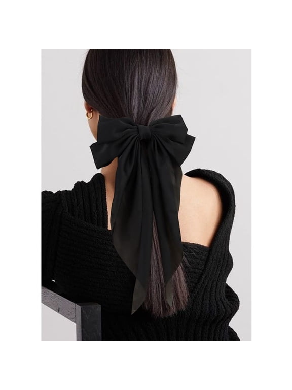 1 Pack Silky Satin Hair Bows,Big Hair Bows for Women Hair Ribbons Oversized Long Tail Hair Bow Black Hair Bow Large Hair Ribbon Barrettes Metal Clips Bowknot Aesthetic Hair Accessories,Black
