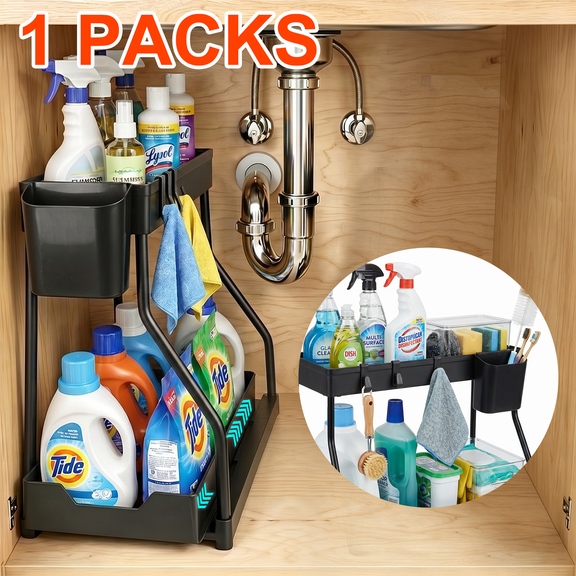 1 Pack Under Sink Organizer, 2 Tier L-Shaped Pull Out Cabinet Organizer for Kitchen and Bathroom, Space Saving Sliding Drawer Storage Rack, Durable Plastic Narrow Space Shelves, Black