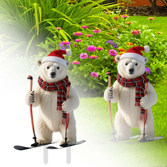 1 Pack Skating Polar Bear Garden Stake, Acrylic Outdoor Yard Art, 11.8 inch, Funny Winter Holiday Lawn Ornament, Christmas Party Pathway Decoration, Potted Decor, White, Acrylic