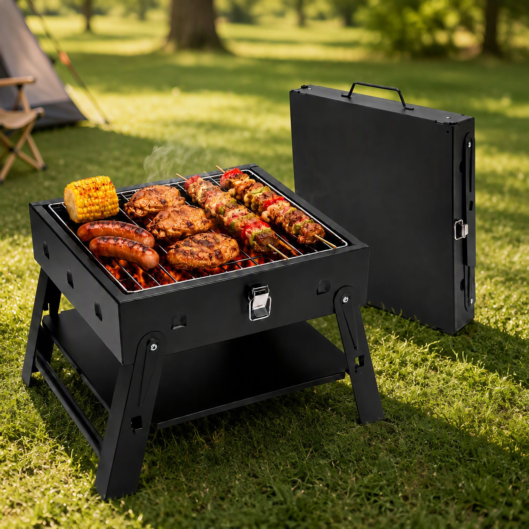 1 Pack Small Portable BBQ Charcoal Grill, Foldable Mini Tabletop ...
