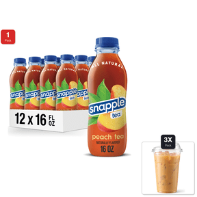 1 Pack | Snapple Peach Tea, 16 Fl Oz Recycled Plastic Bottle, Pack Of 12 & 3x 16oz Plastic Cup with Strawless Sip-Lid