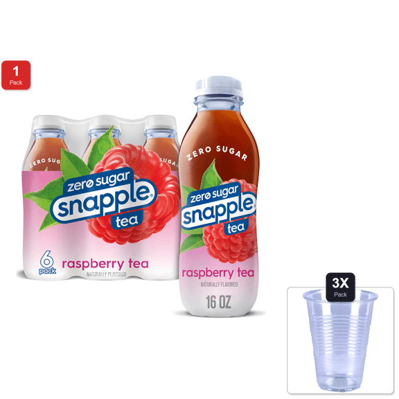 1 Pack | Snapple Zero Sugar Raspberry Tea, 16 Fl Oz Recycled Plastic Bottle, 6 Pack & 3x Disposable Cup