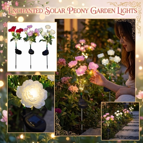 1 Pack Solar Peony Flower Stake Lights, Champagne Pink Artificial Floral Garden Lights for Outdoor Pathway Patio Yard Walkway Landscape Decorations