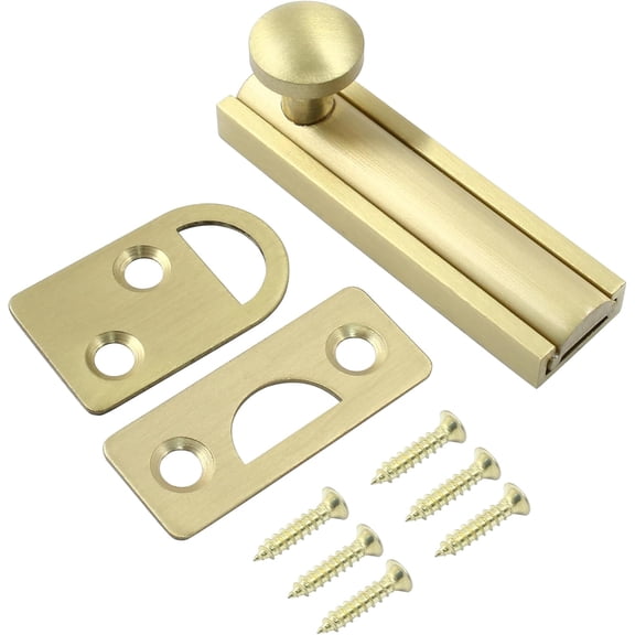 1 Pack Solid Brass 2 Inch Surface Bolt, Brushed Gold Slide Latch Door Lock Bolt, Heavy Duty French Door Lock for Recessed Doors, Flush Gates