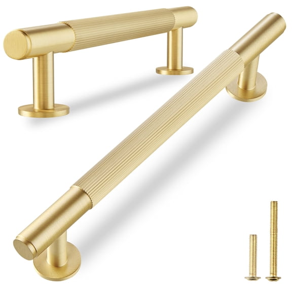 1-Pack Solid Brass Cabinet Pulls, Grooved Gold Bar Handles, 5-Inch Hole Center for Kitchen Drawer Dresser Cupboard, 6.5-Inch Total Length, Brushed Brass Finish – Eleganza