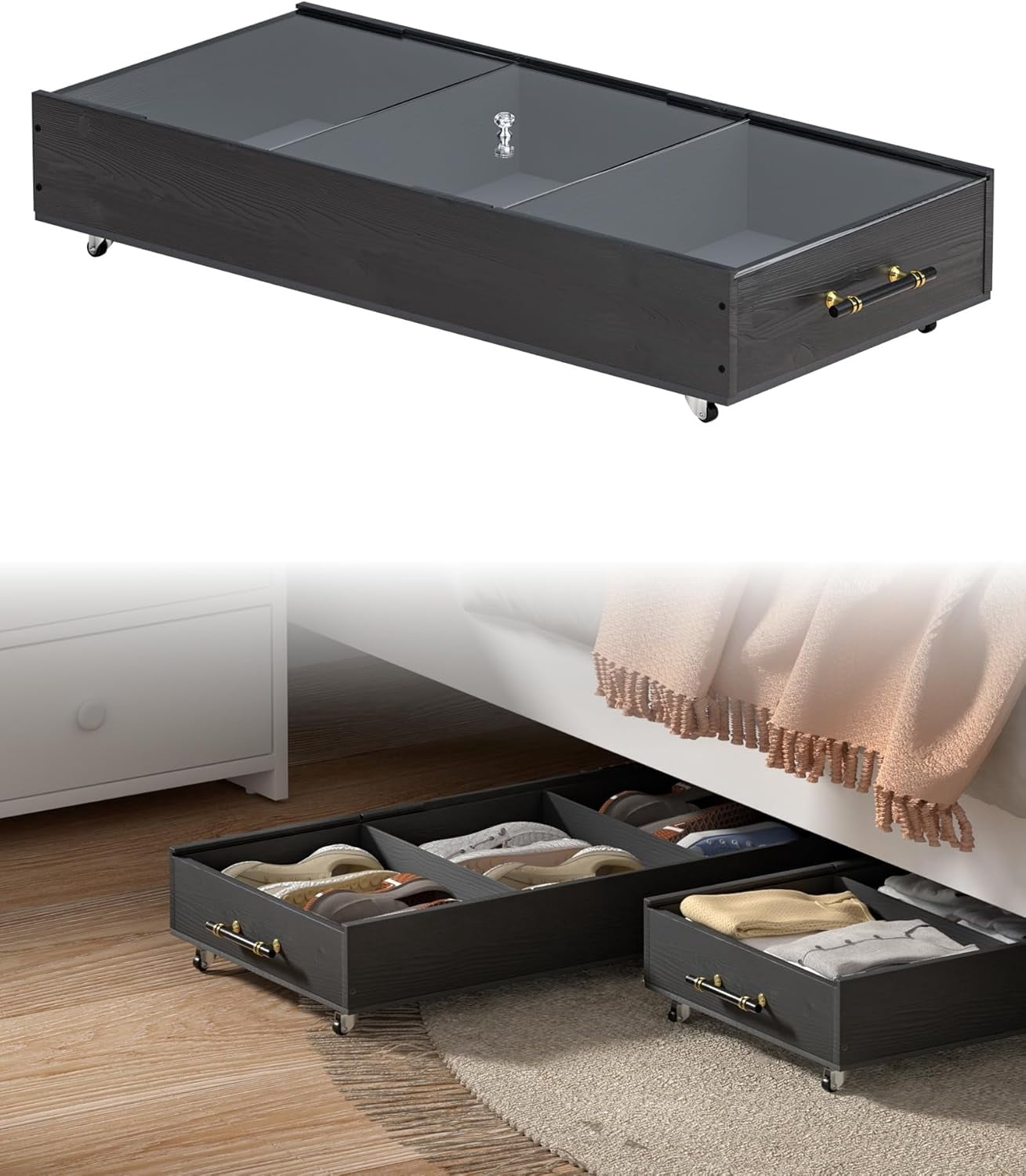 1Pack Solid Wood Under Bed Storage Drawer with Lids, Wheels, Handles