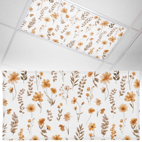 1 Pack Spring Floral Fluorescent Light Covers for Ceiling Lights Orange Yellow Flower Leaf Watercolor Botanical Magnetic Ceiling Light Covers Overhead Light Filters for Office Classroom Home