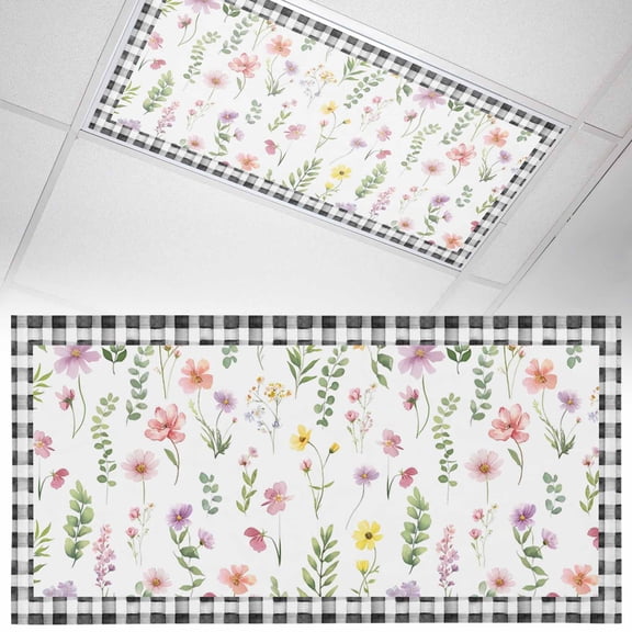 1 Pack Spring Summer Wildflower Fluorescent Light Covers for Ceiling Lights Eucalyptus Leaves Black Plaid Magnetic Ceiling Light Covers Overhead Light Filters for Office Classroom Home