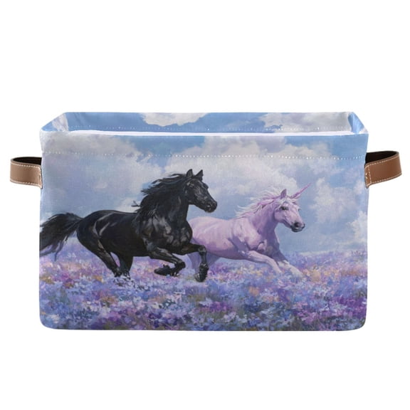 1-Pack Square Closet Organizers with Handles Open Basket Bins Black Horse and Pink Unicorn Storage Basket for Home Office