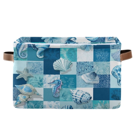 1-Pack Square Closet Organizers with Handles Open Basket Bins Blue Marine Life Patterns Storage Basket for Home Office