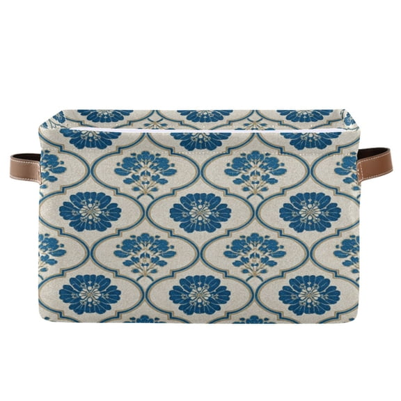 1-Pack Square Closet Organizers with Handles Open Basket Bins Blue Symmetrical Floral Pattern Storage Basket for Home Office