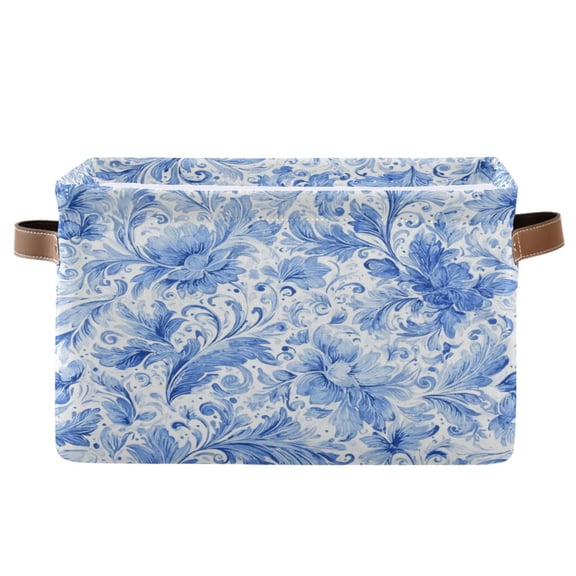 1-Pack Square Closet Organizers with Handles Open Basket Bins Blue Watercolor Floral Pattern Storage Basket for Home Office
