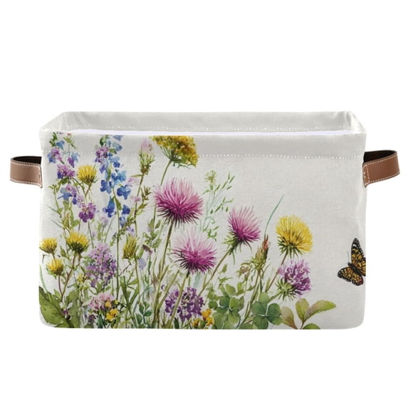 1-Pack Square Closet Organizers with Handles Open Basket Bins Colorful Watercolor Wildflowers Storage Basket for Home Office