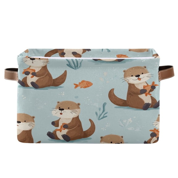 1-Pack Square Closet Organizers with Handles Open Basket Bins Cute Otters in Various Poses Storage Basket for Home Office