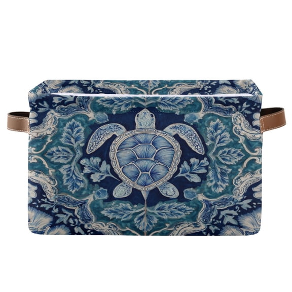 1-Pack Square Closet Organizers with Handles Open Basket Bins Dark Teal Turtle Pattern Storage Basket for Home Office