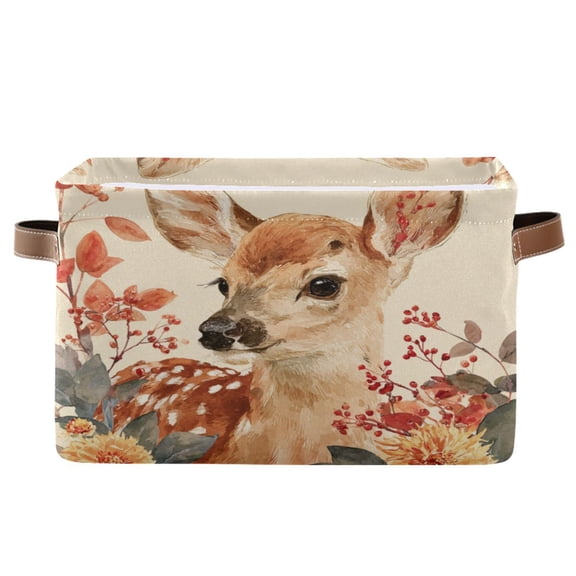 1-Pack Square Closet Organizers with Handles Open Basket Bins Deer Surrounded by Autumn Leaves Storage Basket for Home Office