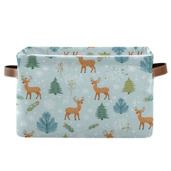 1-Pack Square Closet Organizers with Handles Open Basket Bins Deer and Pine Trees Pattern Storage Basket for Home Office