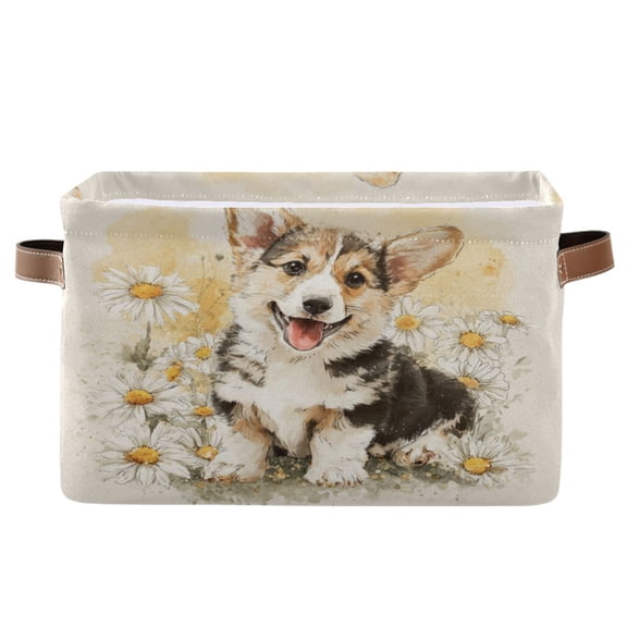 1-Pack Square Closet Organizers with Handles Open Basket Bins Dog Surrounded by Daisies Storage Basket for Home Office